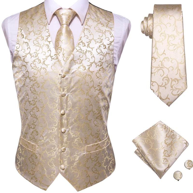 Hi-Tie Stylish Champagne Silk Floral Mens V-Neck Vest and Tie Jacquard Formal Dress Waistcoat for Tuxedo Wedding Party Business - Image 1